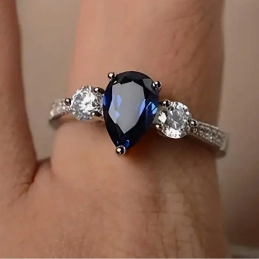 Size 8 Pear Cut Sapphire Blue CZ Ring Silver Tone Three Stone Promise Ring